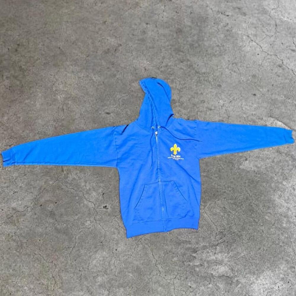 Blue zip up hoodie with a